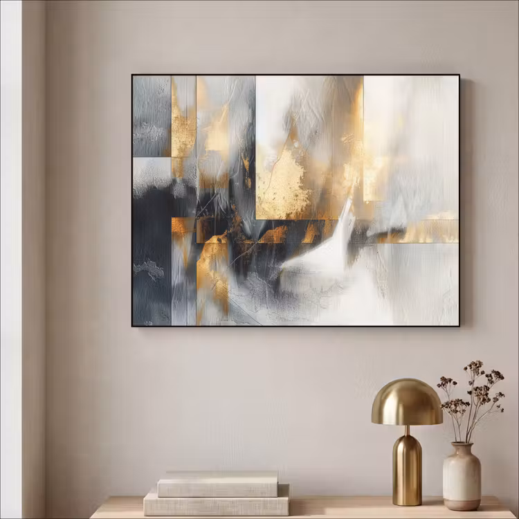 Kunst - Goud - Zilver - Abstract Textielframe zwart klein -sfeer2