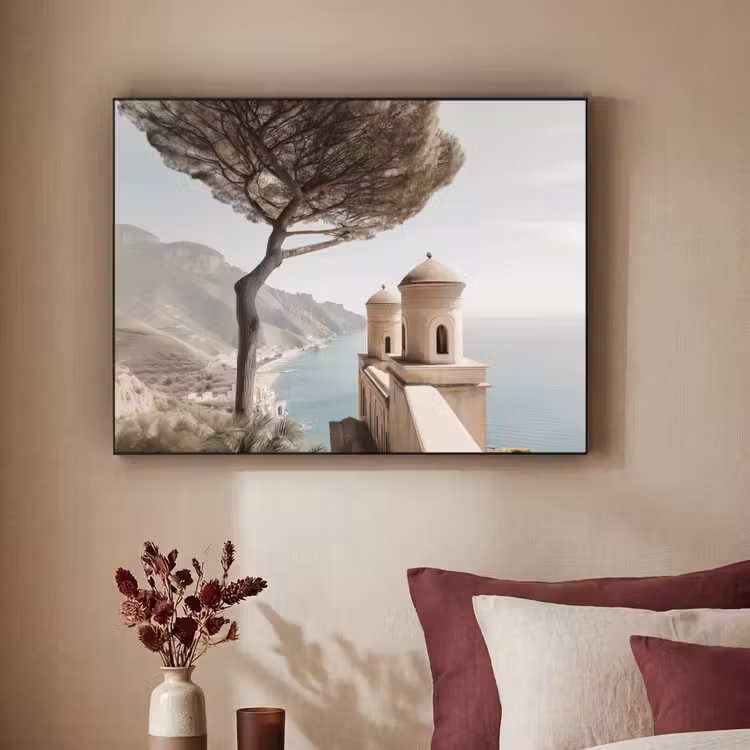 Kust - Klif - Boom - Gebouw Textielframe - compleet frame klein -sfeer1