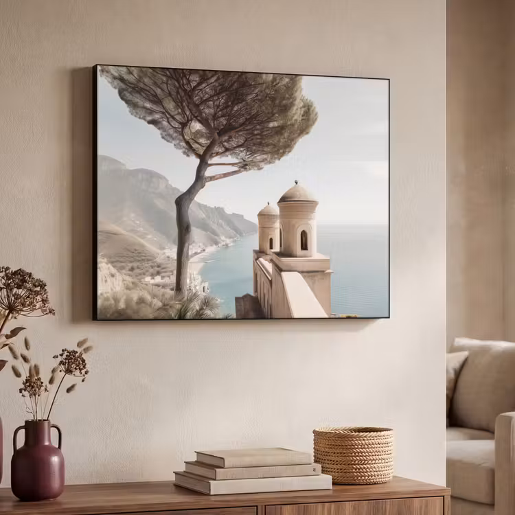 Kust - Klif - Boom - Gebouw Textielframe - compleet frame klein -sfeer3