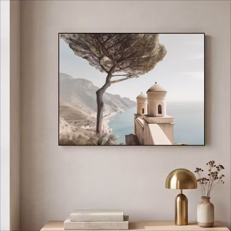 Kust - Klif - Boom - Gebouw Textielframe - compleet frame klein -sfeer2