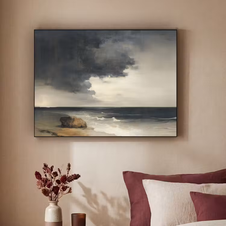 Kust - Golven - Rots - Storm Textielframe zwart klein -sfeer1