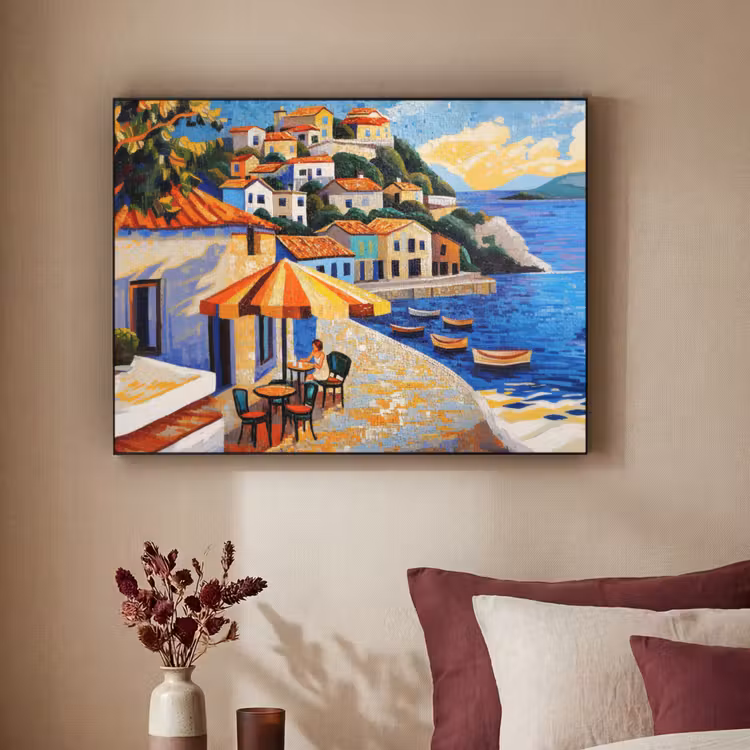 Kustdorp - Huisjes - Mozaïek - Zee Textielframe - compleet frame klein -sfeer1