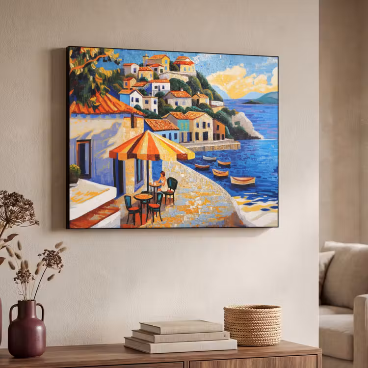 Kustdorp - Huisjes - Mozaïek - Zee Textielframe - compleet frame klein -sfeer3