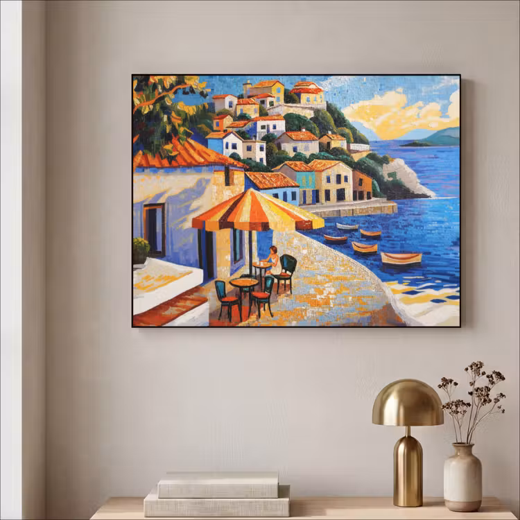 Kustdorp - Huisjes - Mozaïek - Zee Textielframe zwart klein -sfeer2