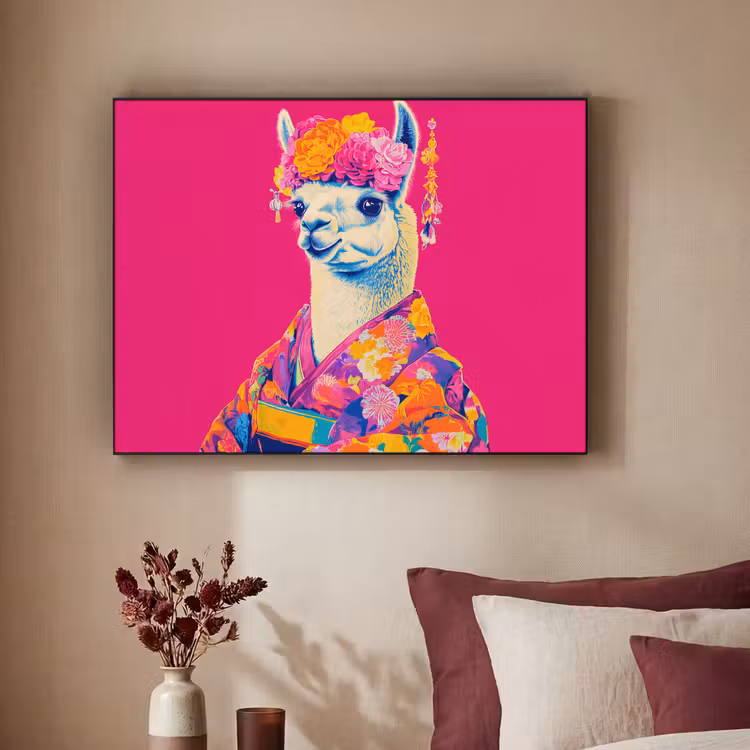Lama - Kimono - Bloemenkrans - Felroze Textielframe zwart klein -sfeer1