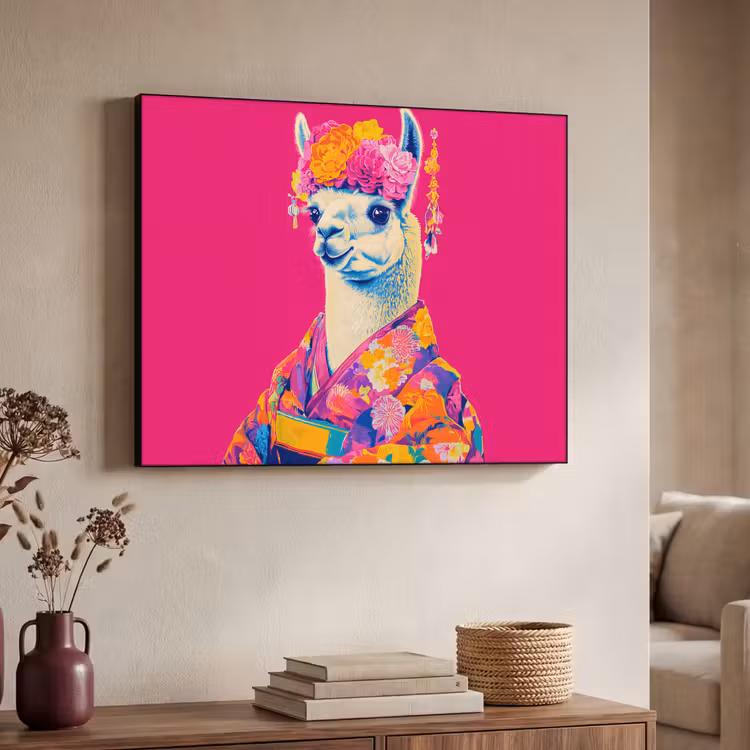 Lama - Kimono - Bloemenkrans - Felroze Textielframe - compleet frame klein -sfeer3