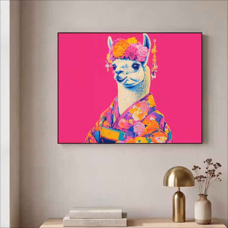 Lama - Kimono - Bloemenkrans - Felroze Textielframe - compleet frame klein -sfeer2