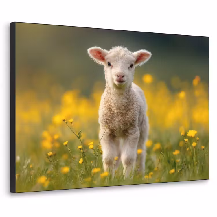 Lammetje - Gras - Bloemen - Geel Textielframe - compleet frame klein -3d