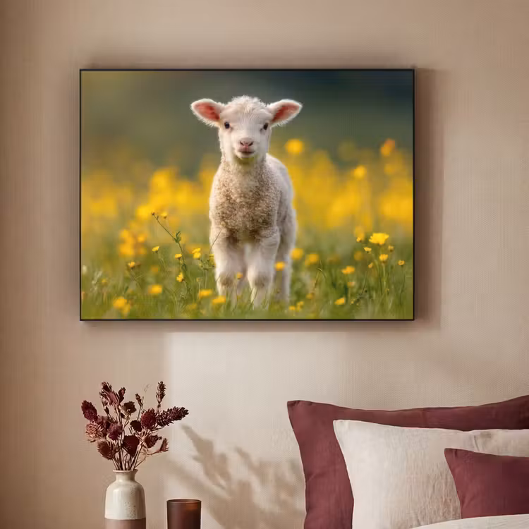 Lammetje - Gras - Bloemen - Geel Textielframe zwart klein -sfeer1