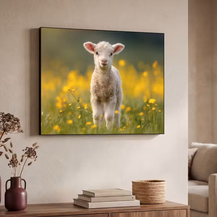 Lammetje - Gras - Bloemen - Geel Textielframe - compleet frame klein -sfeer3