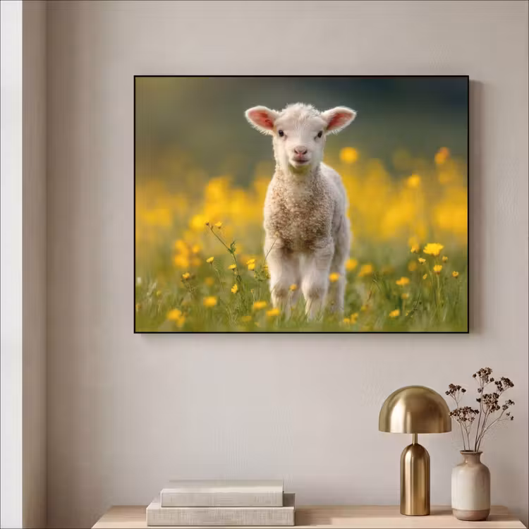Lammetje - Gras - Bloemen - Geel Textielframe zwart klein -sfeer2