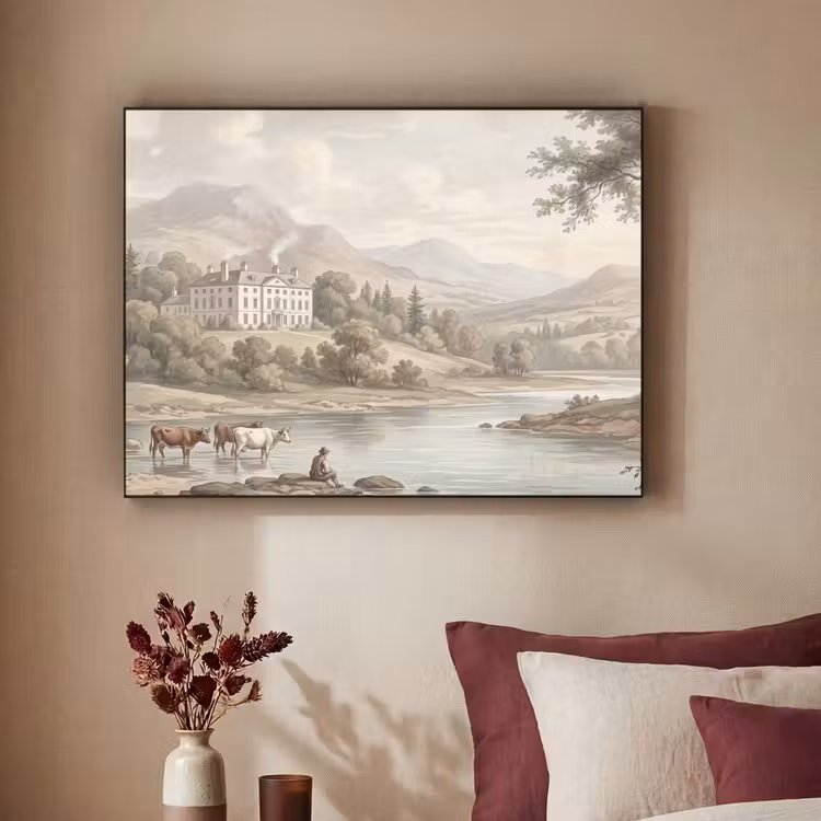 Landhuis - Rivier - Vee Textielframe zwart klein -sfeer1