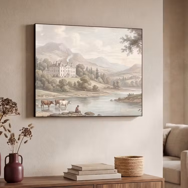 Landhuis - Rivier - Vee Textielframe zwart klein -sfeer3