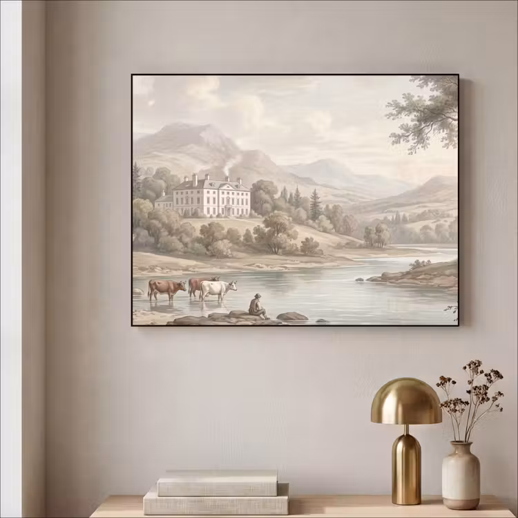 Landhuis - Rivier - Vee Textielframe zwart klein -sfeer2