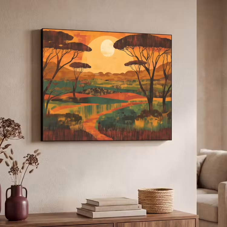 Landschap - Afrikaans - Zon Textielframe - compleet frame klein -sfeer3