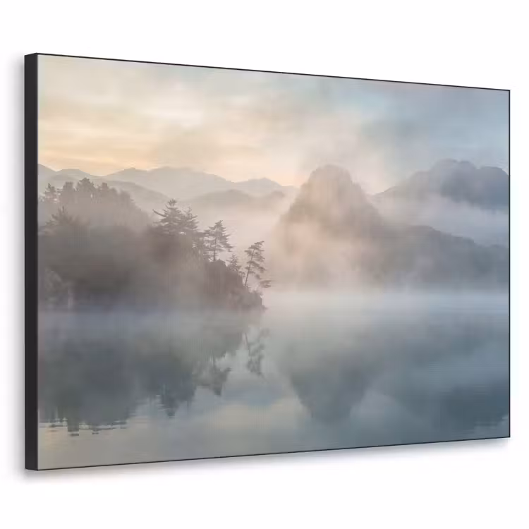 Landschap - Bergen - Mist - Water - Natuur Textielframe zwart klein -3d