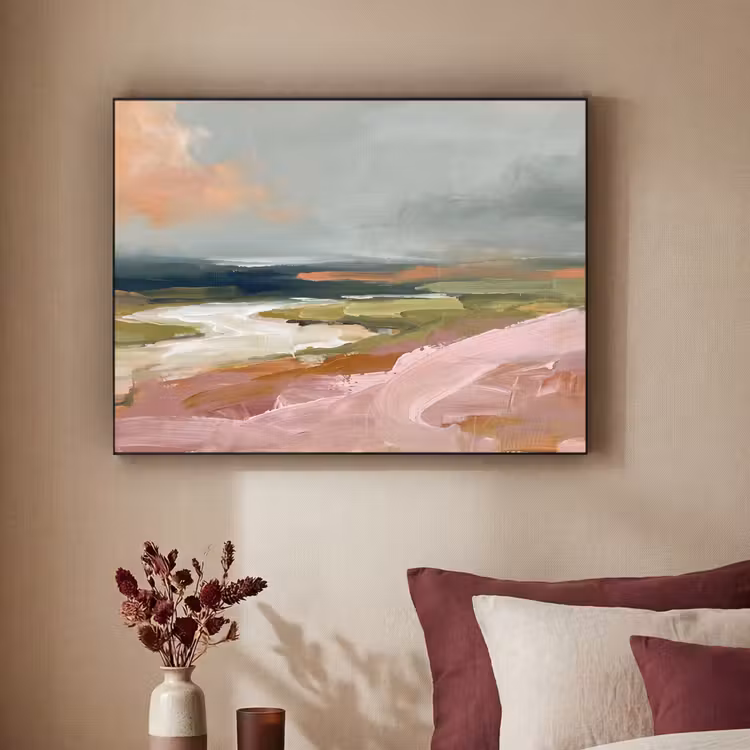 Landschap - Rivier - Abstract - Roze - Groen Textielframe zwart klein -sfeer1