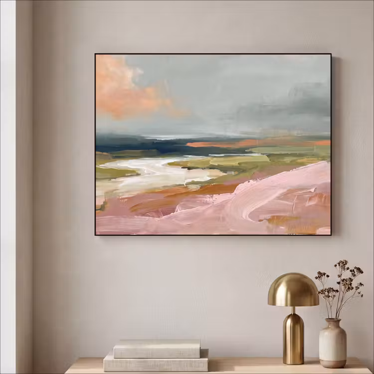 Landschap - Rivier - Abstract - Roze - Groen Textielframe zwart klein -sfeer2