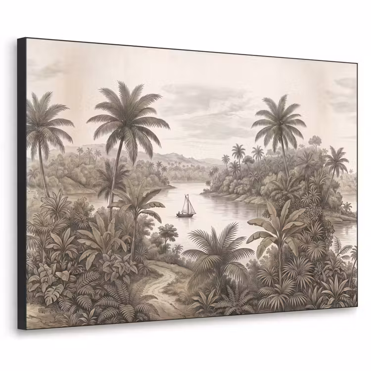 Landschap - Rivier - Boot - Tropisch - Vintage Textielframe zwart klein -3d