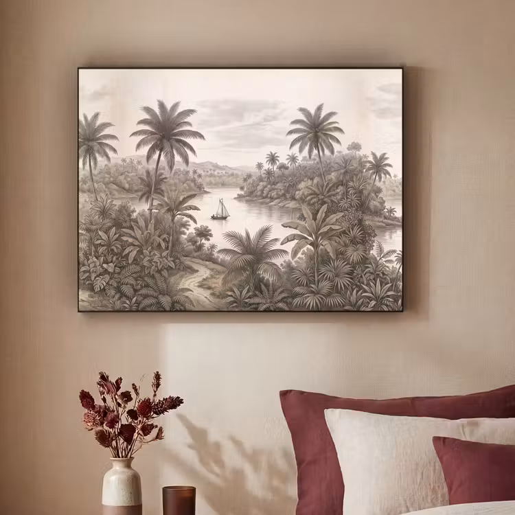 Landschap - Rivier - Boot - Tropisch - Vintage Textielframe zwart klein -sfeer1