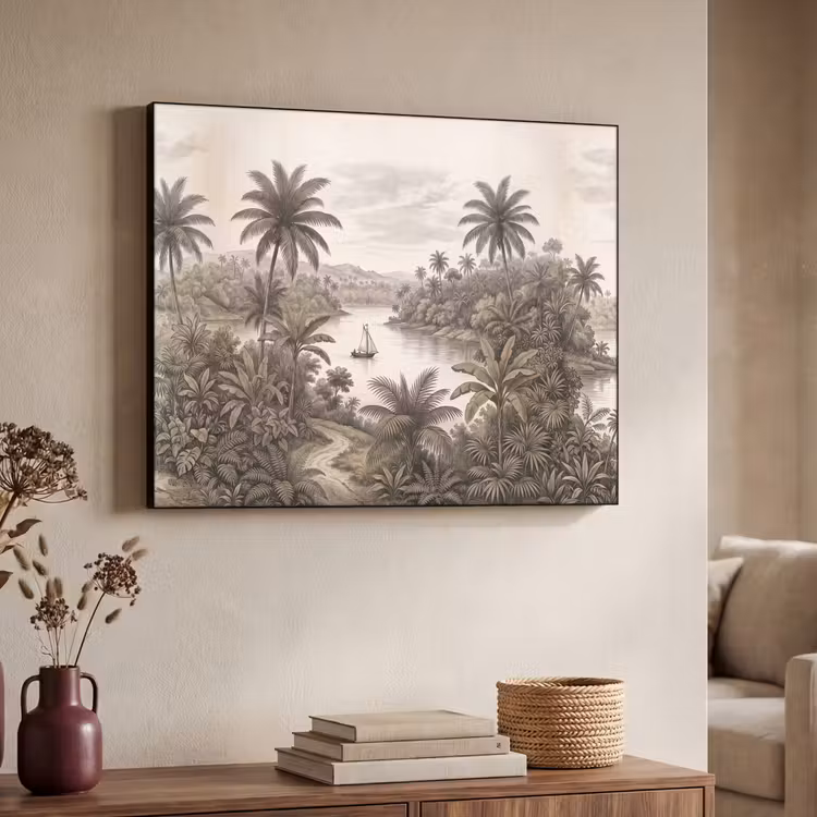 Landschap - Rivier - Boot - Tropisch - Vintage Textielframe zwart klein -sfeer3
