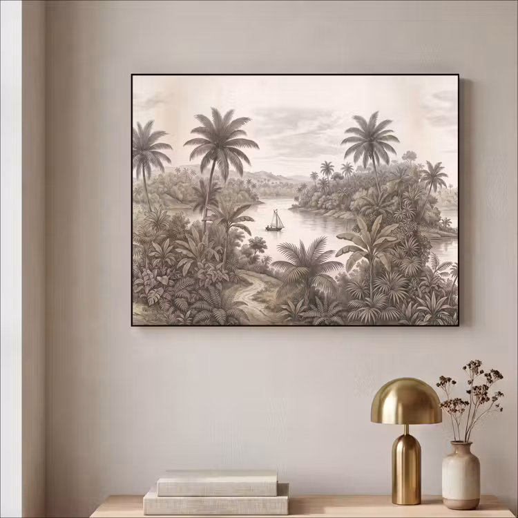 Landschap - Rivier - Boot - Tropisch - Vintage Textielframe zwart klein -sfeer2