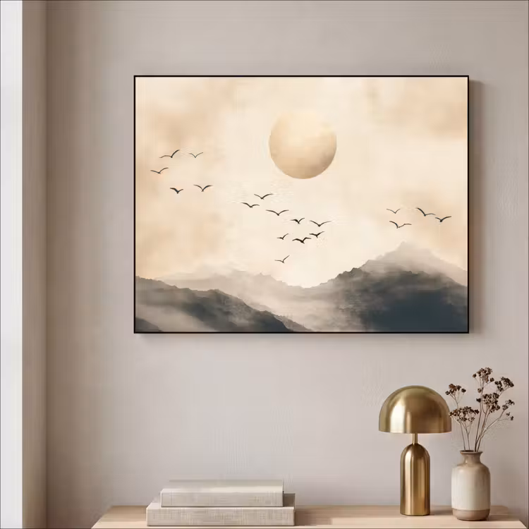 Landschap - Japandi - vogel Textielframe - compleet frame klein -sfeer2