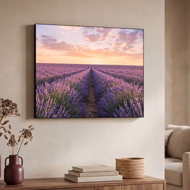 Landschap - Lavendelveld - Paars Textielframe zwart klein -sfeer3
