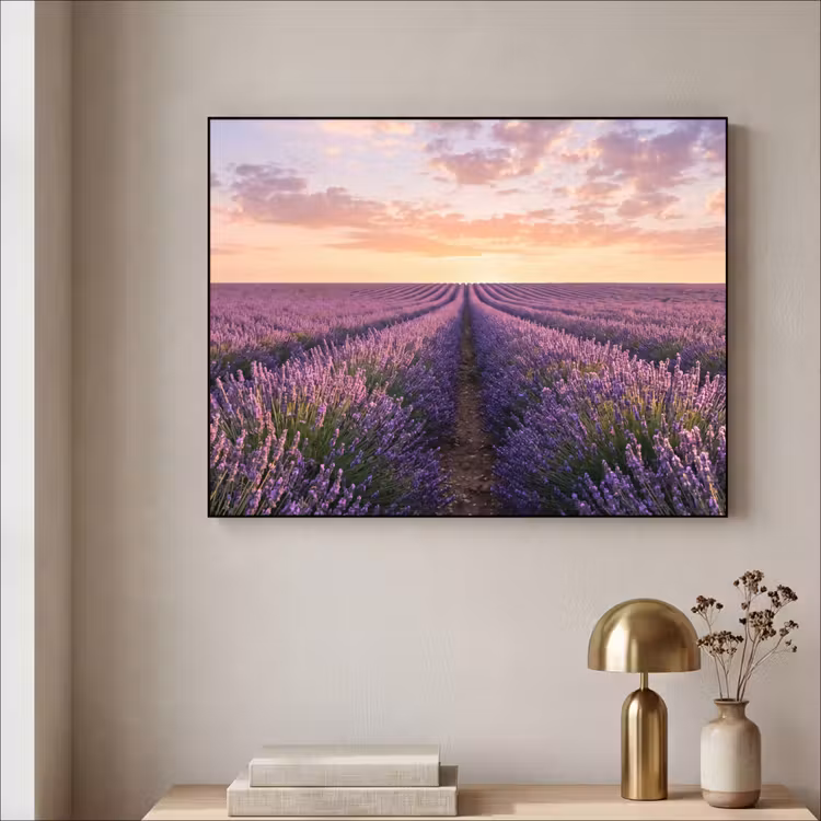 Landschap - Lavendelveld - Paars Textielframe zwart klein -sfeer2