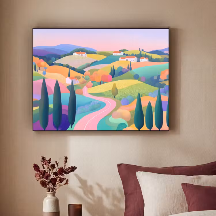 Landschap - Paars - Pastel - Huizen Textielframe - compleet frame klein -sfeer1