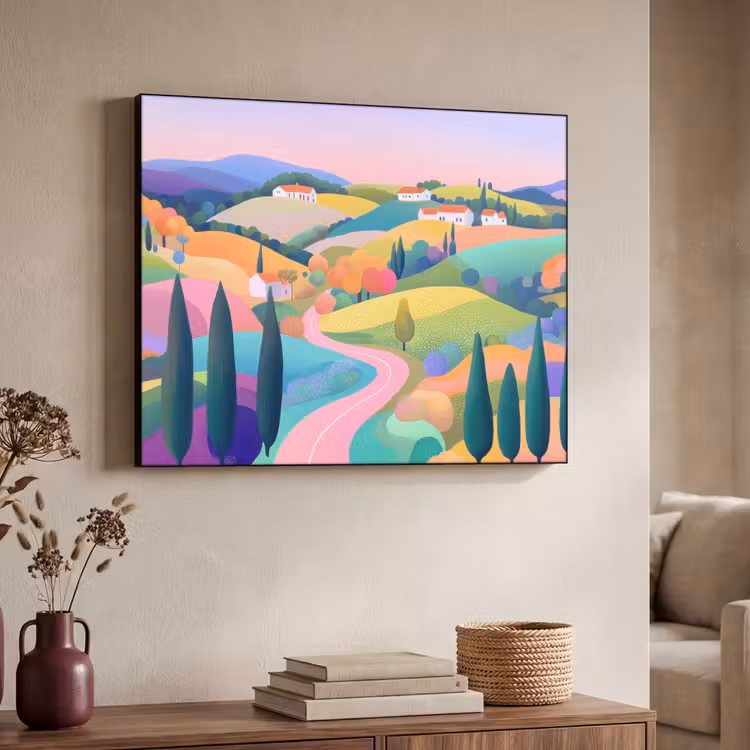 Landschap - Paars - Pastel - Huizen Textielframe - compleet frame klein -sfeer3