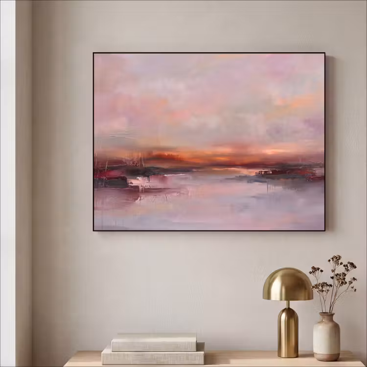 Landschap - Zonsondergang - Abstract - Modern - Roze Textielframe zwart klein -sfeer2