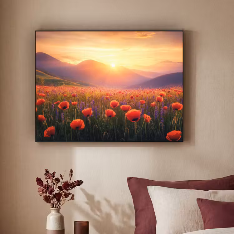 Landschap - Zonsondergang - Bloemenveld Textielframe zwart klein -sfeer1