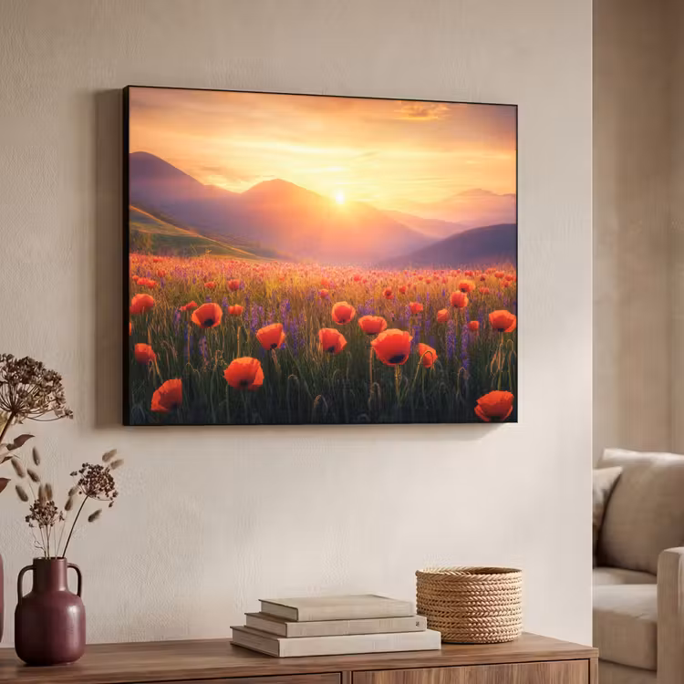 Landschap - Zonsondergang - Bloemenveld Textielframe zwart klein -sfeer3