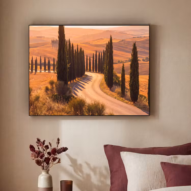 Landschap - Weg - Bomen - Natuur - Goud Textielframe zwart klein -sfeer1