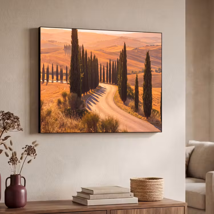 Landschap - Weg - Bomen - Natuur - Goud Textielframe zwart klein -sfeer3