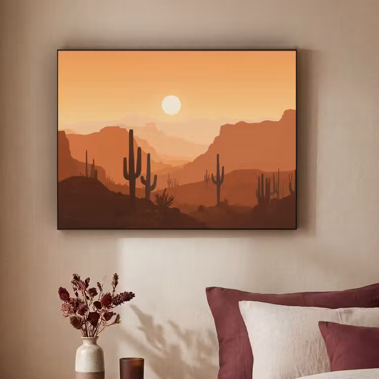 Landschap - Woestijn - Cactussen - Zon Textielframe zwart klein -sfeer1