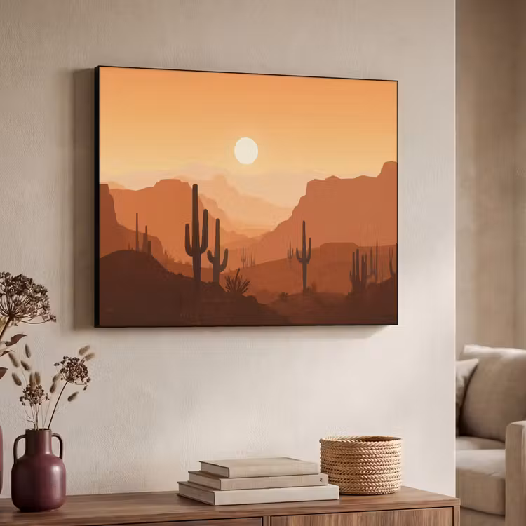 Landschap - Woestijn - Cactussen - Zon Textielframe zwart klein -sfeer3