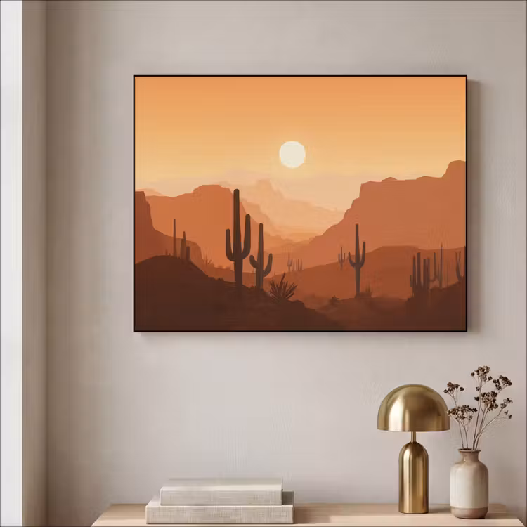 Landschap - Woestijn - Cactussen - Zon Textielframe - compleet frame klein -sfeer2