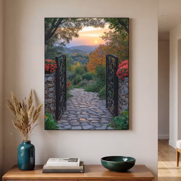 Landschap - Hek - Pad - Zonsondergang - Natuur Textielframe zwart klein -sfeer1