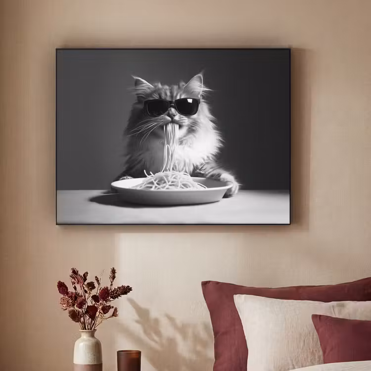 Langharige kat - Zonnebril - Spaghetti - Humor - Zwart - wit Textielframe zwart klein -sfeer1