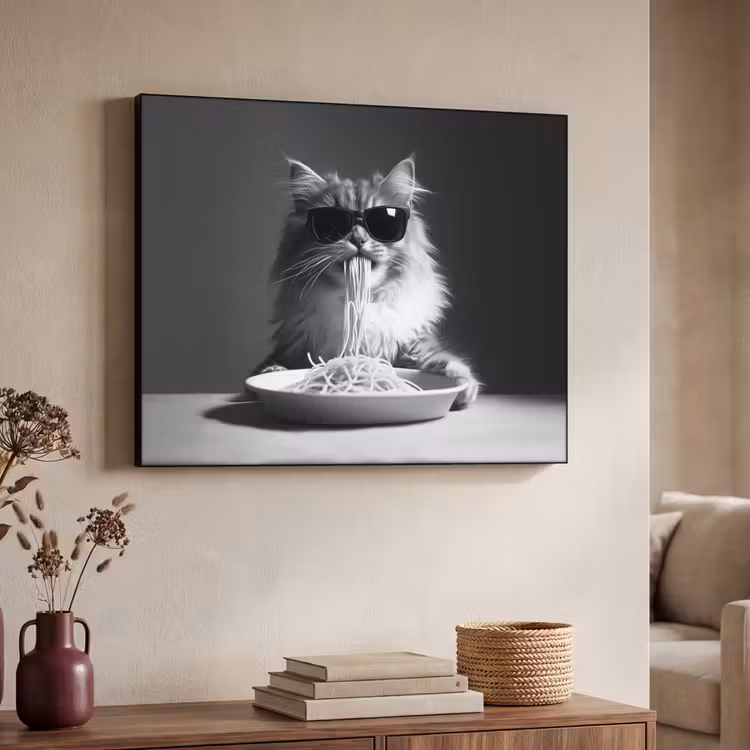 Langharige kat - Zonnebril - Spaghetti - Humor - Zwart - wit Textielframe - compleet frame klein -sfeer3