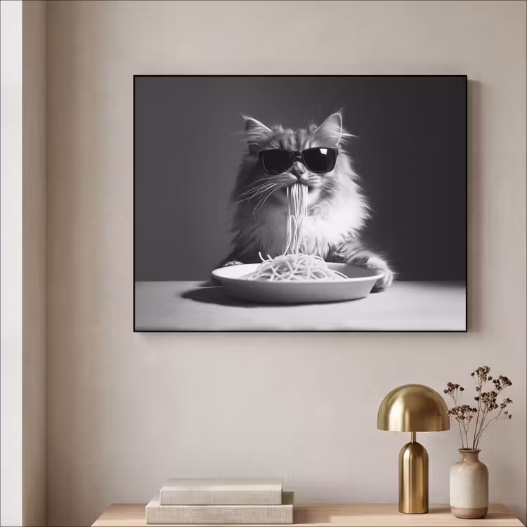 Langharige kat - Zonnebril - Spaghetti - Humor - Zwart - wit Textielframe - compleet frame klein -sfeer2