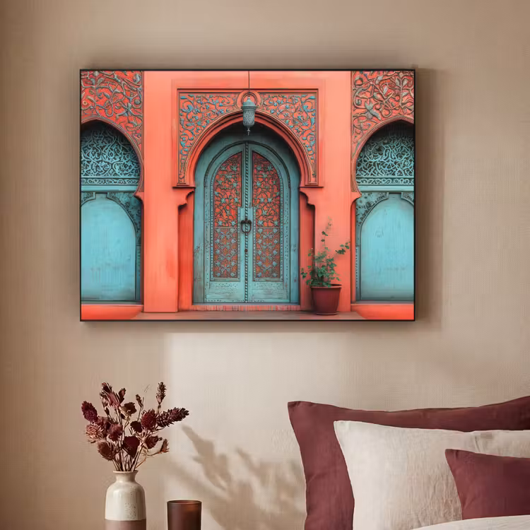 Lantaarn - Deur - Turquoise Textielframe zwart klein -sfeer1