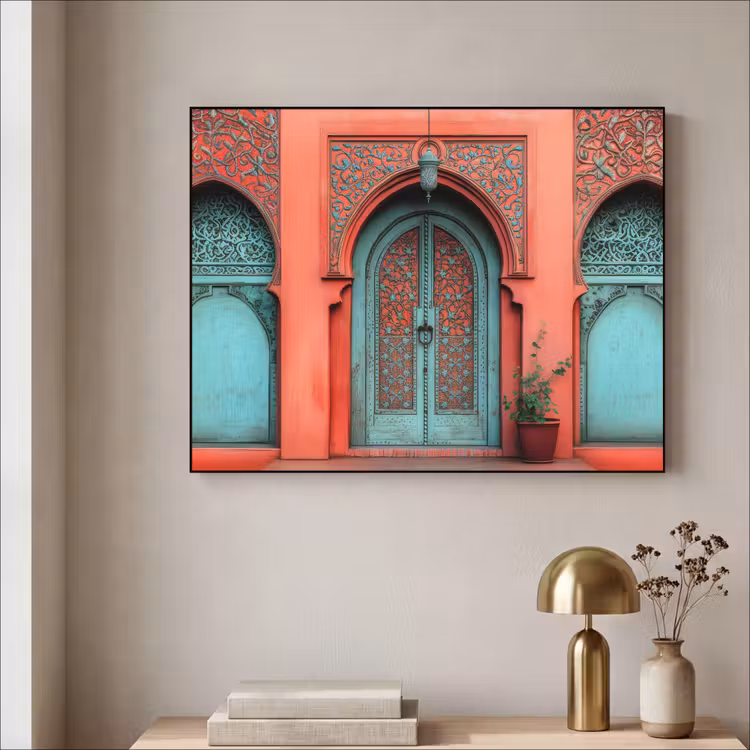 Lantaarn - Deur - Turquoise Textielframe zwart klein -sfeer2