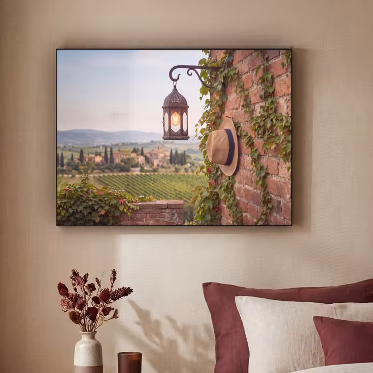 Lantaarn - Wijngaard - Landschap - Italiaans Textielframe zwart klein -sfeer1