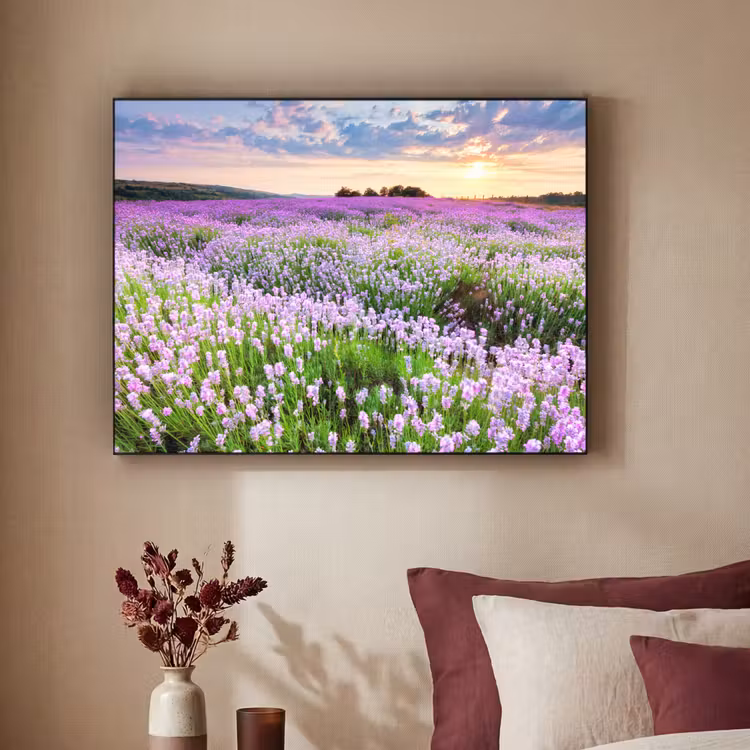 Lavendel - Bloemen - Zonsondergang - Paars - Weide Textielframe zwart klein -sfeer1
