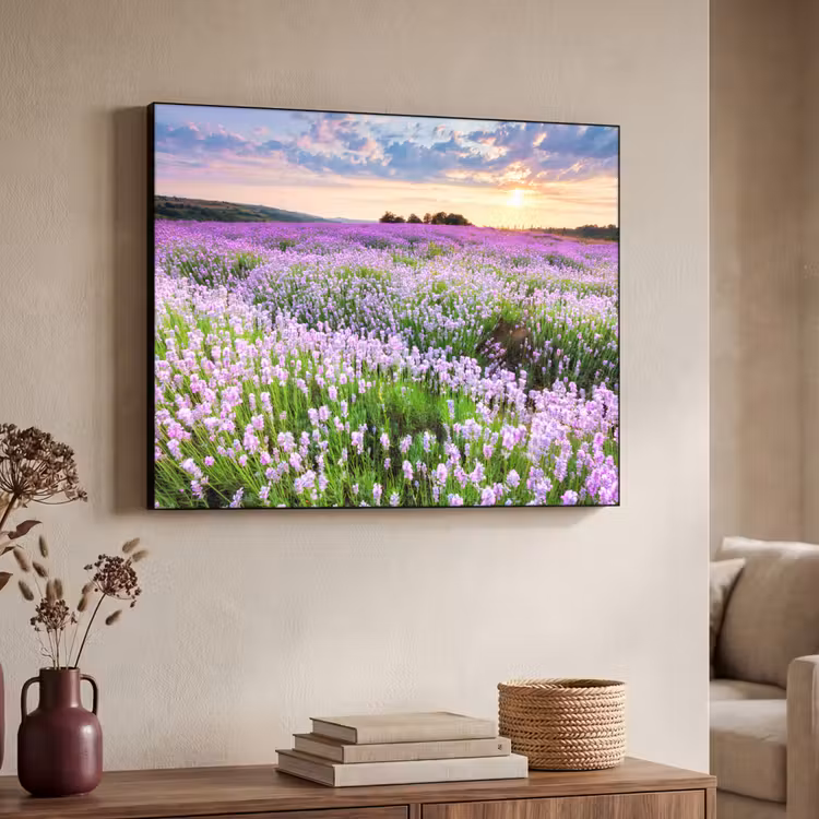 Lavendel - Bloemen - Zonsondergang - Paars - Weide Textielframe zwart klein -sfeer3