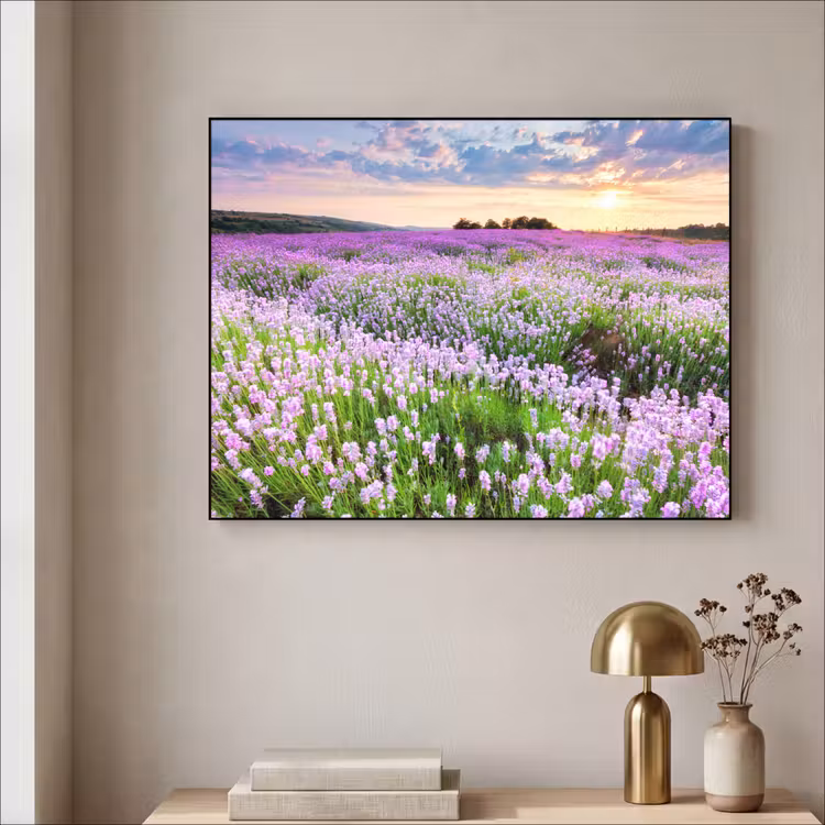 Lavendel - Bloemen - Zonsondergang - Paars - Weide Textielframe zwart klein -sfeer2