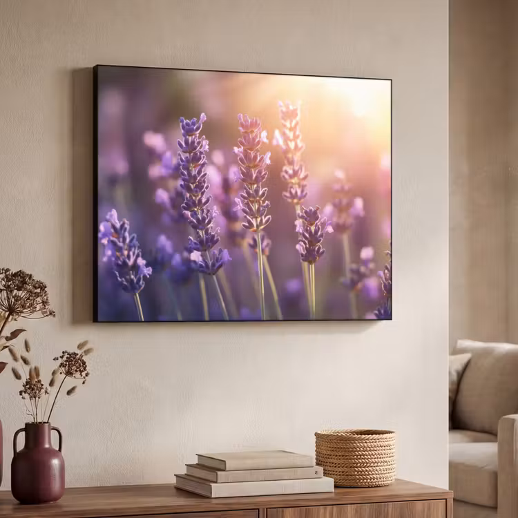 Lavendelbloemen - Paars - Zonlicht Textielframe zwart klein -sfeer3